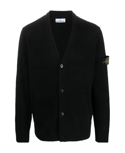 Stone Island Compass-motif Ribbed Cardigan In Black