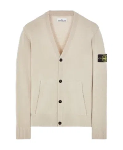 Stone Island Compass-motif Ribbed Cardigan In White