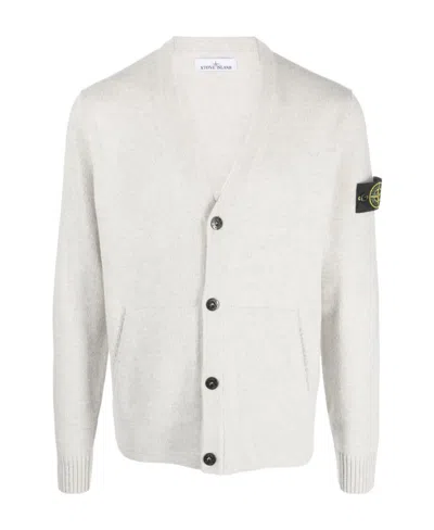 Stone Island Compass-motif Ribbed Cardigan In White