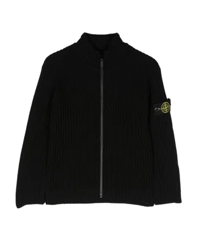 Stone Island Compass-motif Ribbed-knit Wool Cardigan In Black