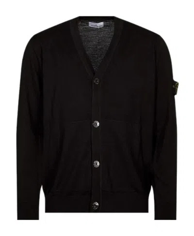 Stone Island Compass-motif Virgin Wool Cardigan In Black