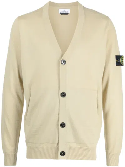 Stone Island Compass-motif Virgin Wool Cardigan In Neutrals