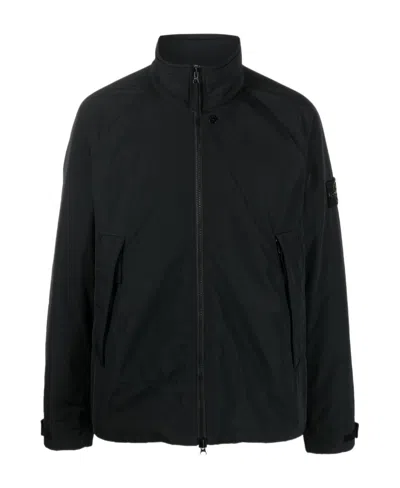 Stone Island Compass-motif Zip-up Windbreaker In Black