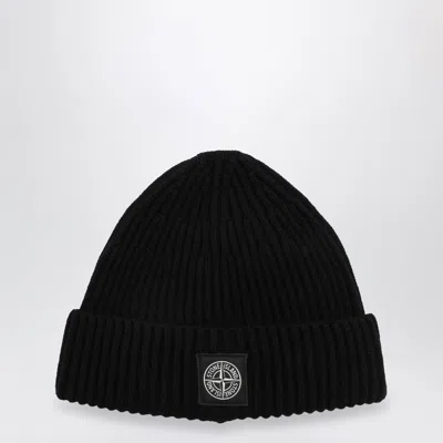 Stone Island Compass Patch Beanie In Black Wool
