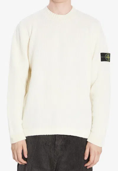 Stone Island Compass Patch Brushed Wool Sweater In White