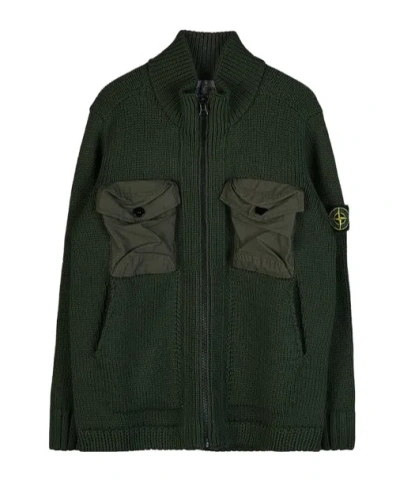 Stone Island Compass-patch Cargo-pocket Cardigan In Olive Green