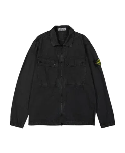 Stone Island Compass-patch Cotton Shirt Jacket In Black