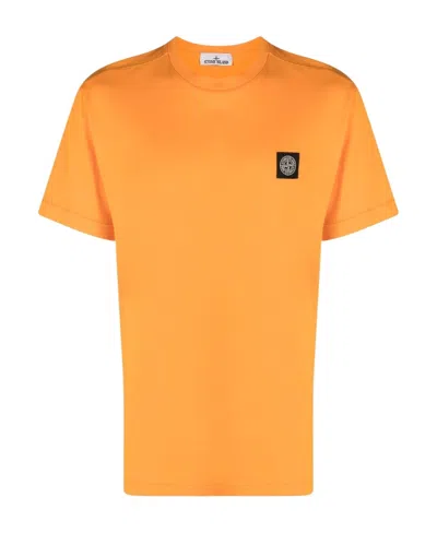 Stone Island Compass-patch Cotton T-shirt In Orange