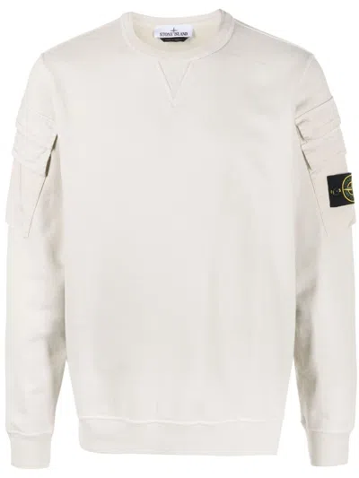 Stone Island Crew Neck Ivory Sweater With Subtle Texture And Logo Patch In White
