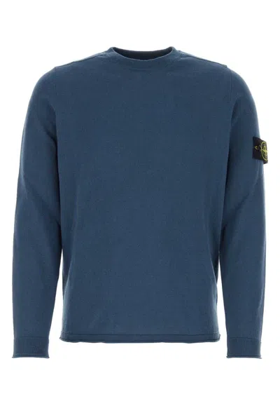 Stone Island Compass Patch Crewneck Knitted Jumper In Avio