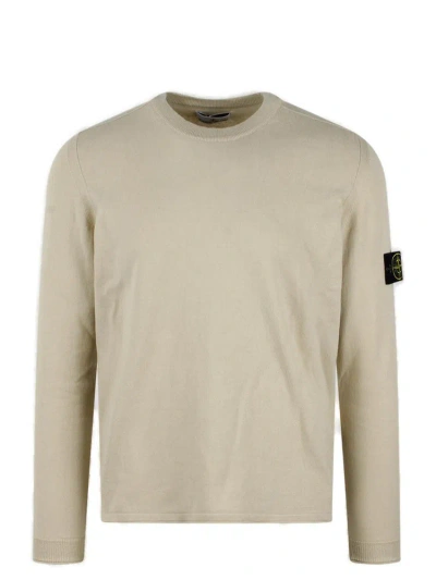 Stone Island Compass Patch Crewneck Knitted Jumper In Beige