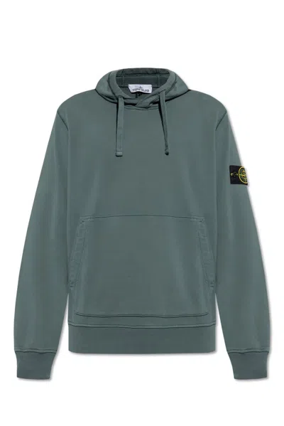 Stone Island Compass Patch Drawstring Hoodie In Green