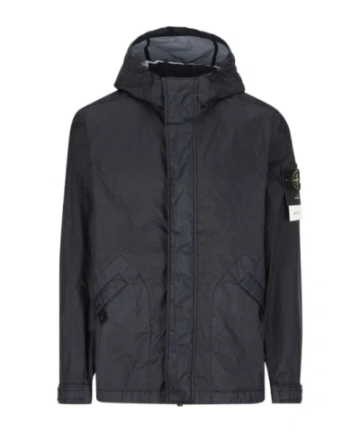 Stone Island Compass Patch Hooded Jacket In Blue