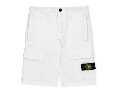 Stone Island Kids' Compass Patch Knee-length Cargo Shorts In Bianco