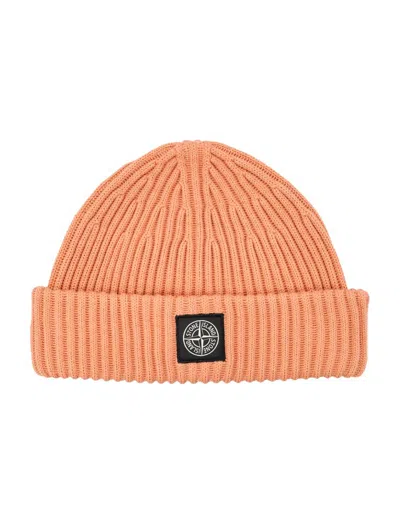 Stone Island Cable Knit Fisherman Beanie Fold-over Cuff In Orange