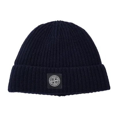 Stone Island Compass Patch Lightweight Wool Beanie Hat In Blue
