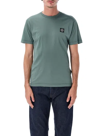 Stone Island Compass Patch Mini Cotton T-shirt With Chain Stitch Finish In Green