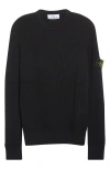 Stone Island Compass Patch Rib Virgin Wool Crewneck Sweater In Black