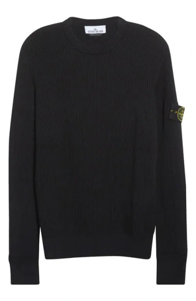 Stone Island Compass Patch Rib Virgin Wool Crewneck Sweater In Black