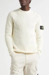 Stone Island Compass Patch Rib Virgin Wool Crewneck Sweater In White