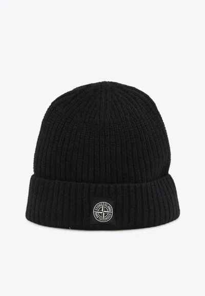 Stone Island Compass Patch Ribbed Beanie In Black