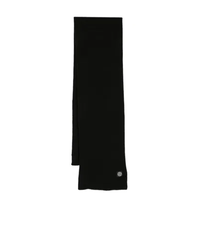 Stone Island Compass-patch Ribbed-knit Scarf In Black