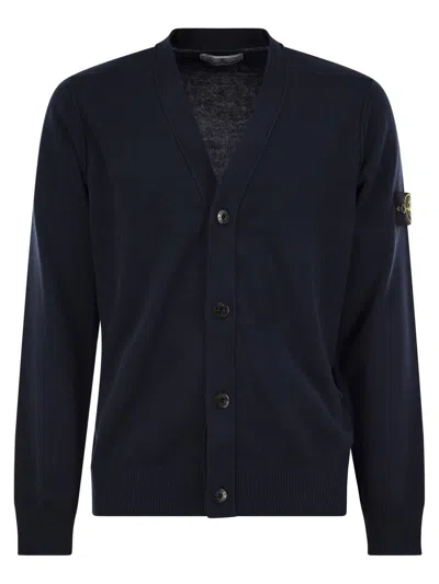 Stone Island Compass Patch V-neck Cardigan In Blue