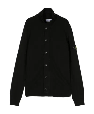 Stone Island Compass-patch Wool-blend Cardigan In Black