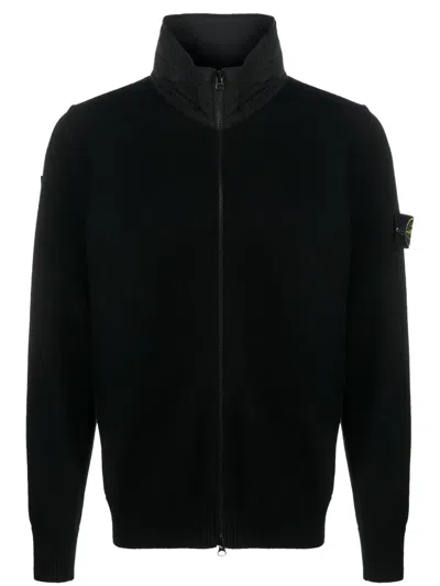 Stone Island Compass-patch Zip-up Cardigan In Black