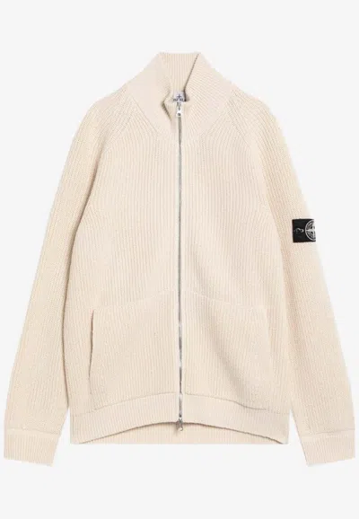 Stone Island Compass Patch Zip-up Knitted Cardigan In Neutral