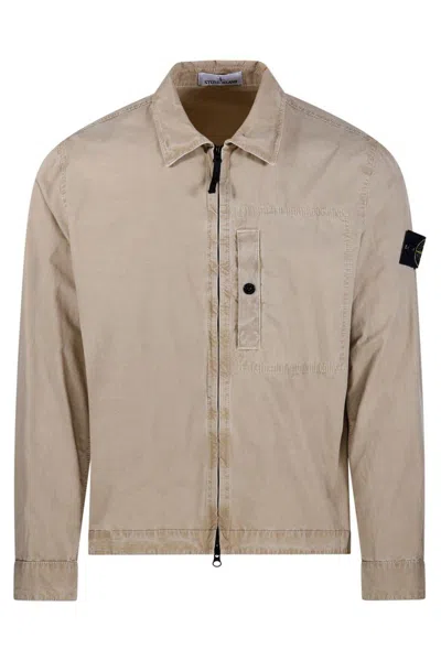 Stone Island Compass Patch Zip-up Shirt Jacket In Beige