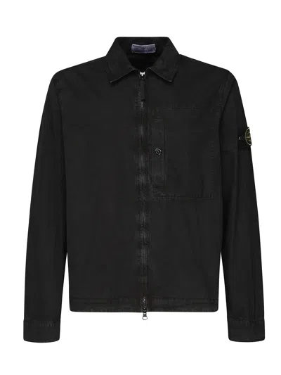 Stone Island Compass Patch Zip-up Shirt Jacket In Black