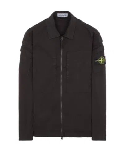 Stone Island Compass-patch Zip-up Shirt Jacket In Black