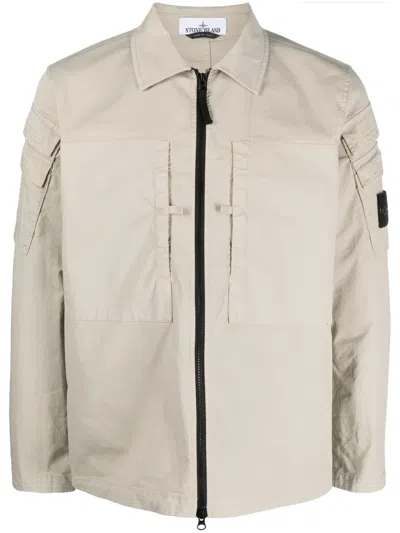 Stone Island Compass-patch Zip-up Shirt Jacket In Neutrals