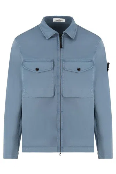 Stone Island Compass Patch Zipped Overshirt In Blue