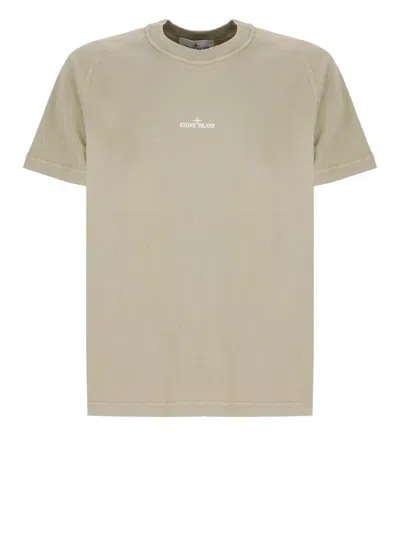 Stone Island Compass-printed Crewneck T-shirt In Beige