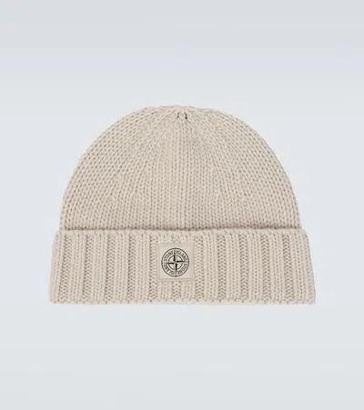 Stone Island Compass Wool Beanie In Beige