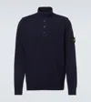 Stone Island Blue High Neck Sweater With Button Closure On The Front And Logo Patch On The Sleeve In Wool Man In Blue