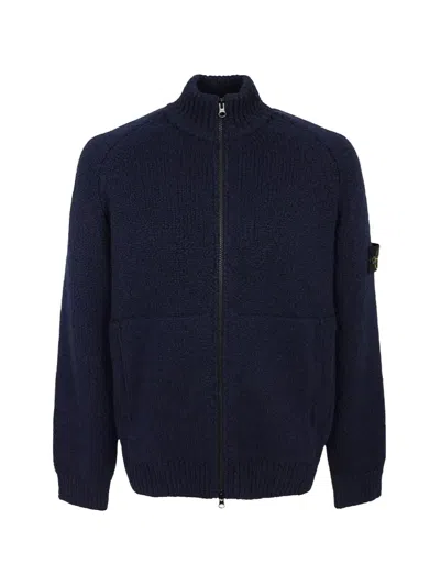 Stone Island Compass-patch Ribbed-knit Cardigan In Blue
