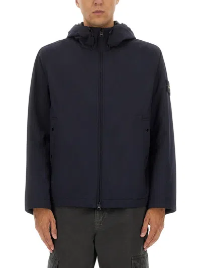 Stone Island Contemporary Hooded Jacket With Distinctive Logo Patch In Blue