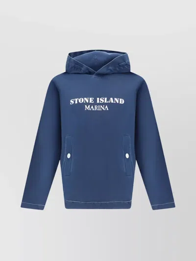 Stone Island Contrast Stitched Cotton Hoodie With Kangaroo Pocket In Blue