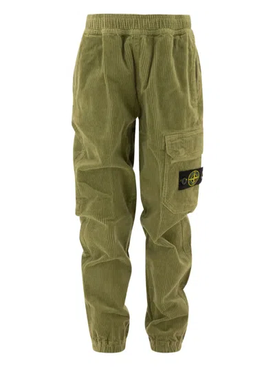 Stone Island Kids' Corduroy Cargo Trousers In Green