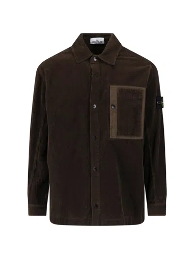 Stone Island Organic Cotton Corduroy Overshirt With Contrasting Pocket In Brown