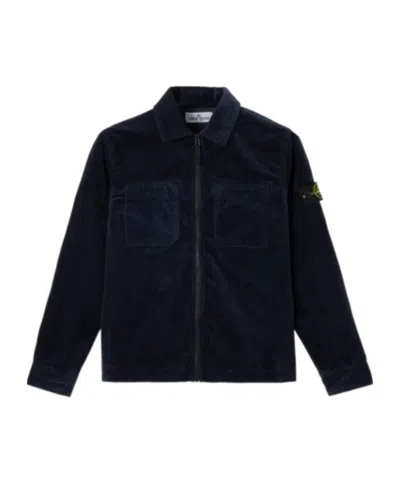 Stone Island Kids' Corduroy Zip-up Shirt In Blue