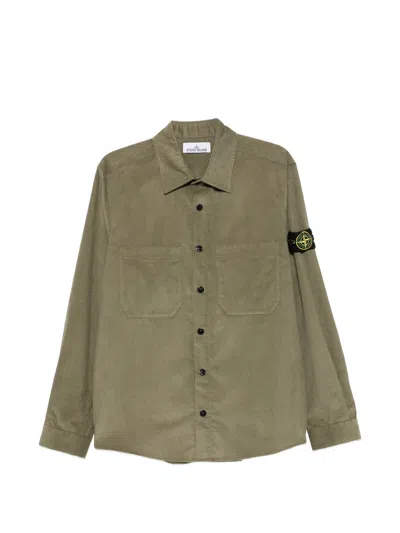 Stone Island Corduroy-texture Logo-patch Shirt In Green