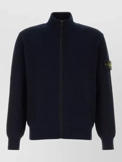 Stone Island Cotton Cardigan High Collar Long Sleeves In Blue
