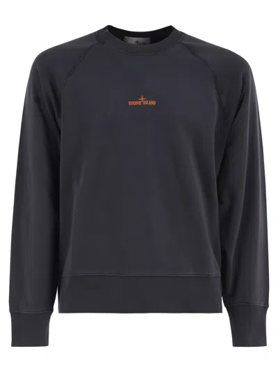 Stone Island Cotton Crew Neck Sweatshirt With Oversized Compass Back Print In Black