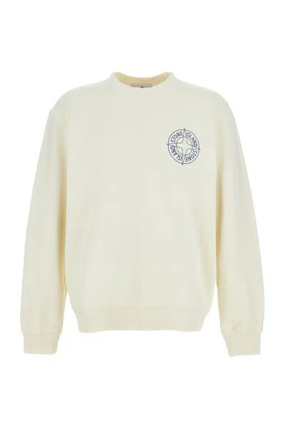 Stone Island Cotton Crew Neck Sweatshirt With Ribbed Details In Neutral