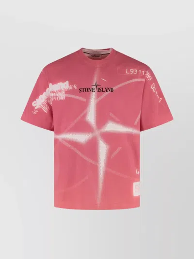 Stone Island Cotton Crew Neck T-shirt With Graphic Print In Pink
