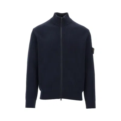 Stone Island Cotton Full-zip Cardigan With Logo Badge In Blue